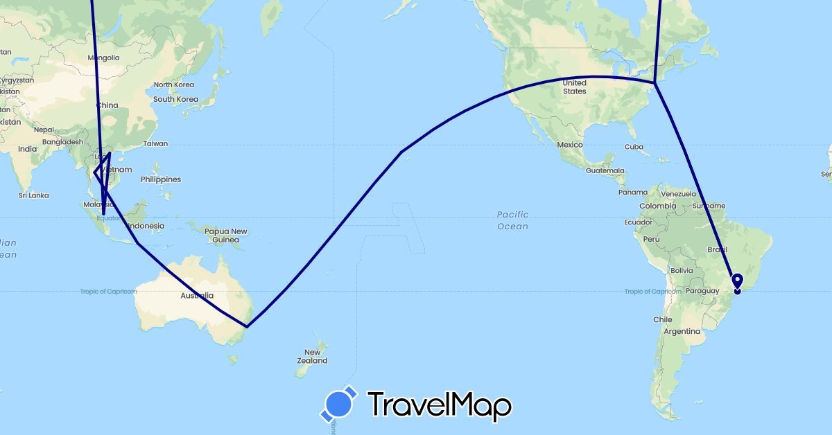 TravelMap itinerary: driving in Australia, Brazil, Indonesia, Singapore, Thailand, United States, Vietnam (Asia, North America, Oceania, South America)